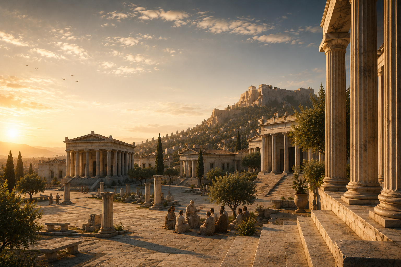 An ancient Greek Agora at golden hour, where philosophers and citizens gather among marble temples and olive trees